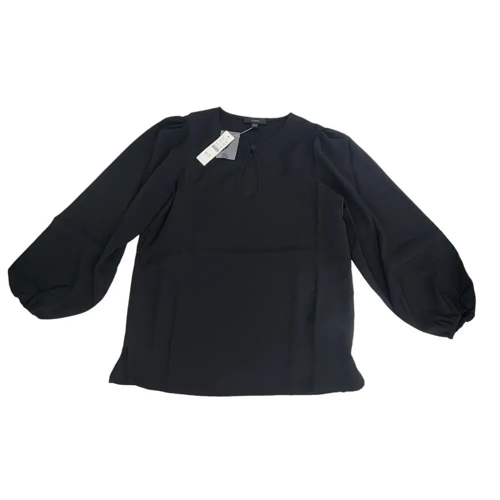 NWT J. Crew Puff 3/4 Sleeve‎ Satin Back Crepe Blouse Black Women's SZ XXSP